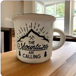 The Mountains Are Calling Crofton Mug White Embossed Black Lettering 12.5 oz
